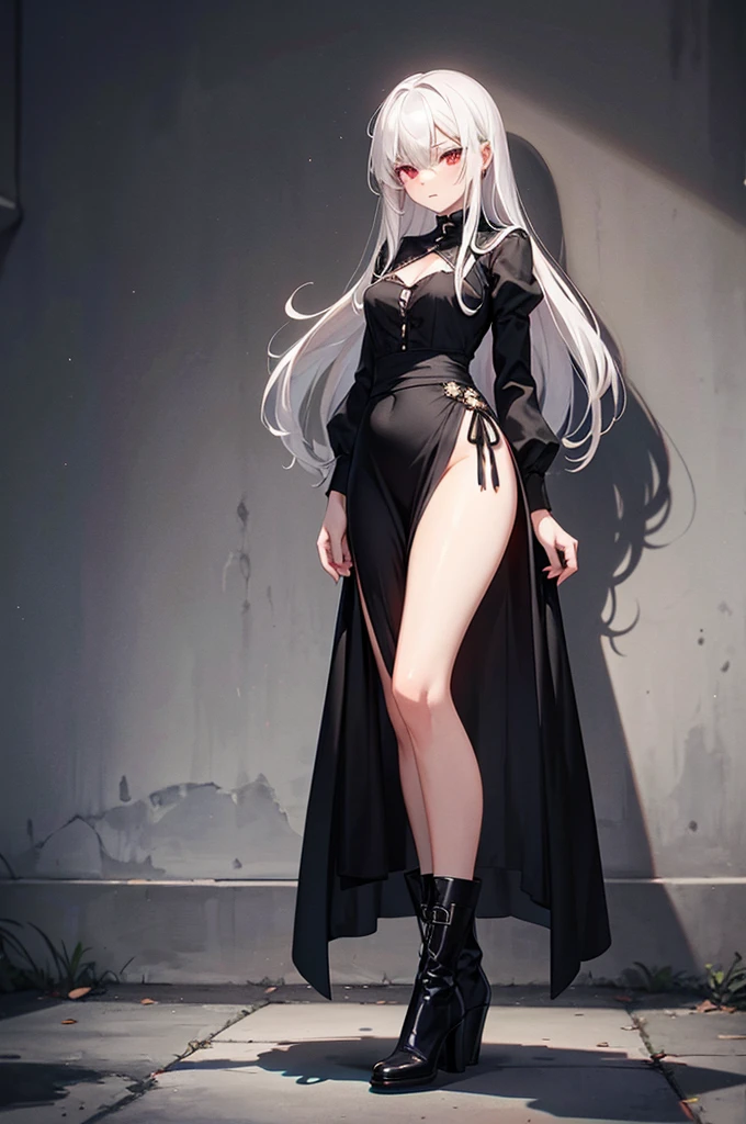 Girl, 20 years old, with long white hair down to below her waist, a serious yet tender expression, and red eyes. Her hair features black streaks. She wears antique-style clothing, a long black dress with a slit on the legs, and high black boots that almost reach her knees. Her power and background are related to shadows and darkness.