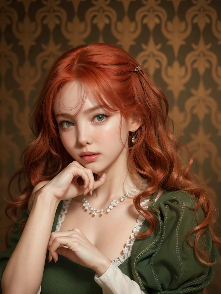 Best Quality, master part, ultra high resolution, (photorealistic:1.4), raw photo, 1 girl, portrait looking at the viewer, long red hair, pale skin, Half body, neckline prominent