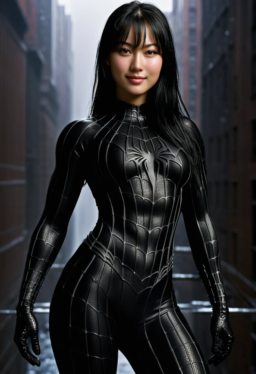 score_9, score_8_up, score_7_up, best quality, realistic, masterpiece, beautiful detail, hyperrealistic, (1girl, woman body, smile, black hair), big breasts:1, amazing detailed full body portrait of a beautiful japanese girl, defined muscle girl, wearing a realistic and highly detailed black raimi spider-man suit, ((huge muscular girl)), professional model wears ultra - detailed black raimi spider - man suit, ultra - detailed and grained black raimi spiderman suit, suit covered entire body and hand, black spiderman gloves, wet, (romantic scene), (full body), (dirty skin), close up, octane render, highly detailed, volumetric, dramatic lighting, (highest quality:1.1), (HDR:1.3), (top quality, best quality), realistic, high definition,
