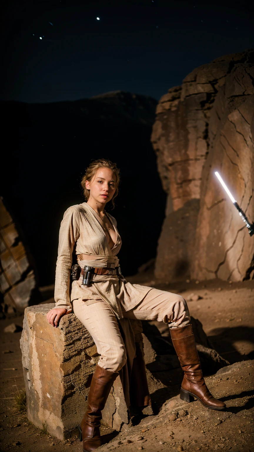 ((masterpiece), (solo character), (photorealistic:1.4), ),(best quality), (jennlaw), (epiCRealLife), (Jennifer Lawrence in jedioutfit), (Jennifer Lawrence big breasts), (Jennifer lawarence show cleavage), (lora:epiCFlashPhoto),(flashphoto), (flash photography),((Star Wars outdoor), (star wars desert),(Jennifer Lawrence wearing Jedi boots) (look at viewers), (at night), (night time),, (photoshoto), (Star wars theme), (sitting on rock)