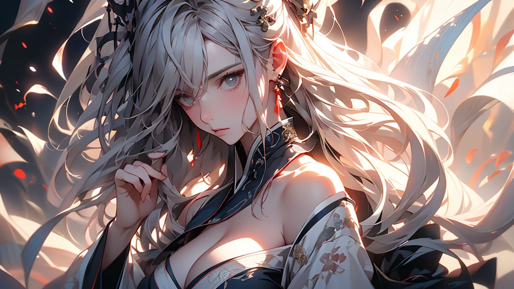 super high quality, masterpiece, Perfect illustration, Very detailed (Exquisite light and shadow, Very dramatic photo,Backlight) , ((Gray Hair:1.5))1 Girl,(( alone:1.6)), (Wearing Han clothes, Black and white Hanfu,Monotony,Long sleeve) (White smoke:1.3) (Realistic:1.4), Official Art, unity 8k wallpaper, Very detailed, Beautiful and beautiful, masterpiece, Highest quality, (Dynamic Angle: 1.4), Glowing Skin, (Floating colorful flashes: 1) The most beautiful chaotic shapes, elegant, Brutalist Design, Bright colors, Romantic Depth of Field Exotic_dance, half_naked、Expose your shoulders、Ample breasts、Great cleavage、Lean forward
