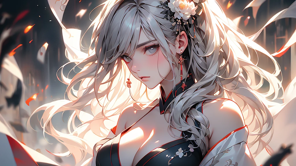 super high quality, masterpiece, Perfect illustration, Very detailed (Exquisite light and shadow, Very dramatic photo,Backlight) , ((Gray Hair:1.5))1 Girl,(( alone:1.6)), (Wearing Han clothes, Black and white Hanfu,Monotony,Long sleeve) (White smoke:1.3) (Realistic:1.4), Official Art, unity 8k wallpaper, Very detailed, Beautiful and beautiful, masterpiece, Highest quality, (Dynamic Angle: 1.4), Glowing Skin, (Floating colorful flashes: 1) The most beautiful chaotic shapes, elegant, Brutalist Design, Bright colors, Romantic Depth of Field Exotic_dance, half_naked、Expose your shoulders、Ample breasts、Great cleavage、Lean forward