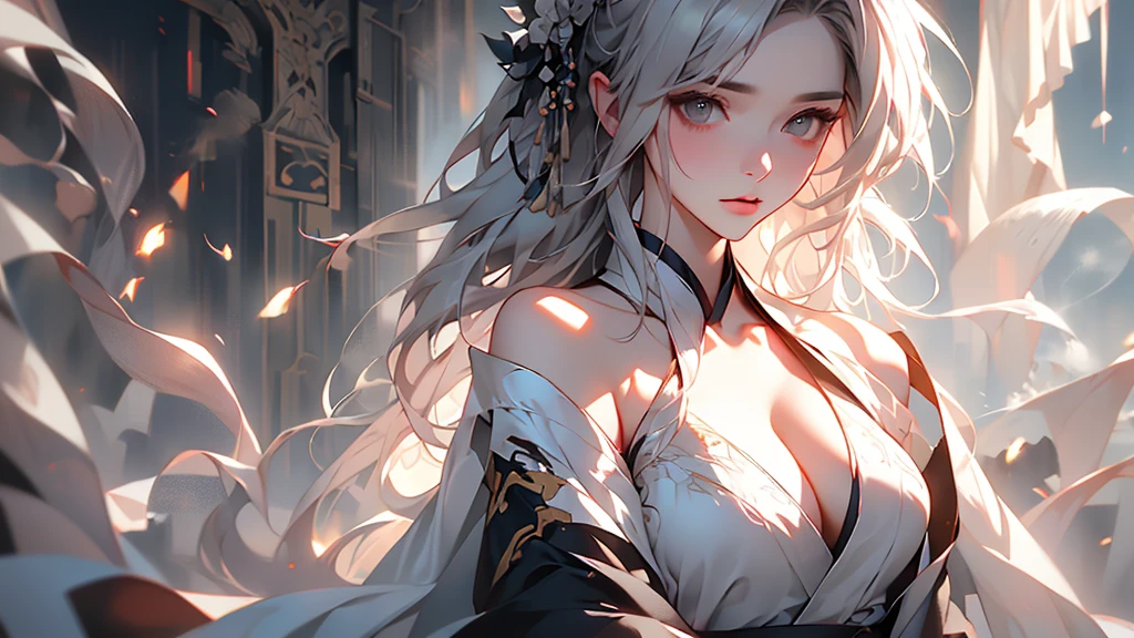 super high quality, masterpiece, Perfect illustration, Very detailed (Exquisite light and shadow, Very dramatic photo,Backlight) , ((Gray Hair:1.5))1 Girl,(( alone:1.6)), (Wearing Han clothes, Black and white Hanfu,Monotony,Long sleeve)  (White smoke:1.3) (Realistic:1.4), Official Art, unity 8k wallpaper, Very detailed, Beautiful and beautiful, masterpiece, Highest quality, (Dynamic Angle: 1.4), Glowing Skin, (Floating colorful flashes: 1) The most beautiful chaotic shapes, elegant, Brutalist Design, Bright colors, Romantic Depth of Field Exotic_dance, half_naked、Expose your shoulders、Ample breasts、Great cleavage、Lean forward

