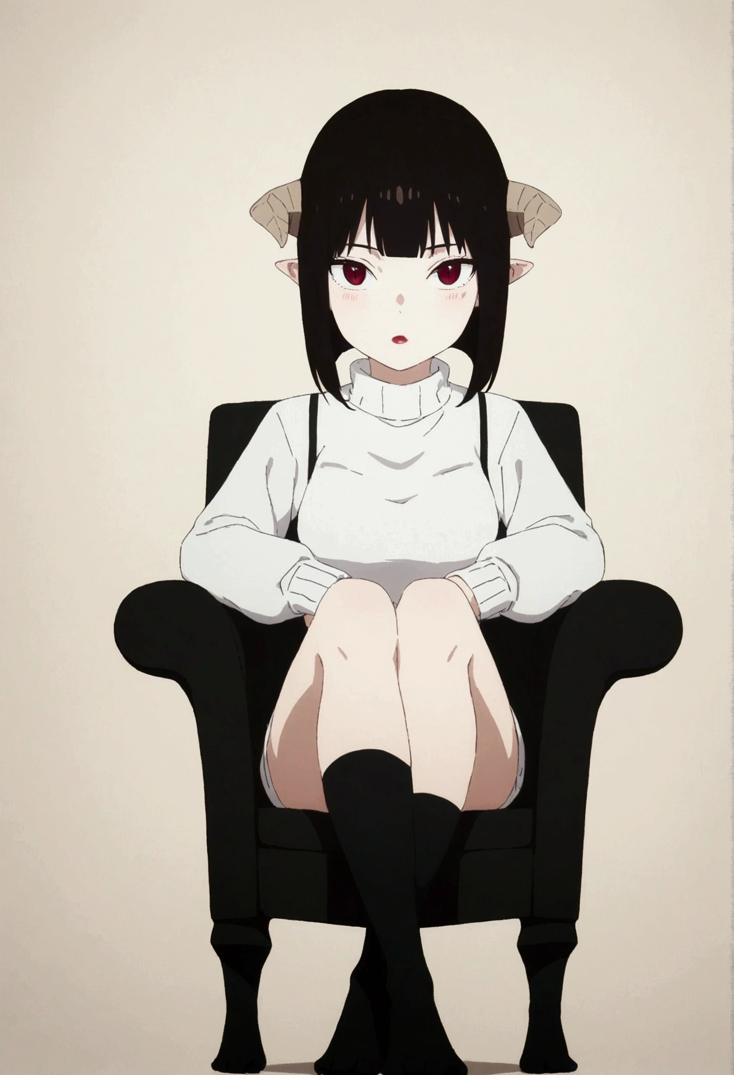 (work of art, ultra detali,high resolution,8K), 1 girl ,standing alone,hinterland,Look to viewer, TochaTortura, trunk,sheen,brunette skin,sitting on a chair,legs crossed,,black socks,horns on head,He would be,face red,blushed,staring overhead,White sweater