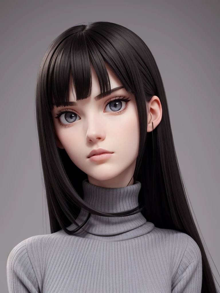(best quality), 1girl, female, pale skin, (black hair), long hair, straight hair, grey eyes, perfect eyes, slender, tall, turtleneck sweater, stylish, elegant, serious, normal bust, masterpiece, anatomically correct, highres