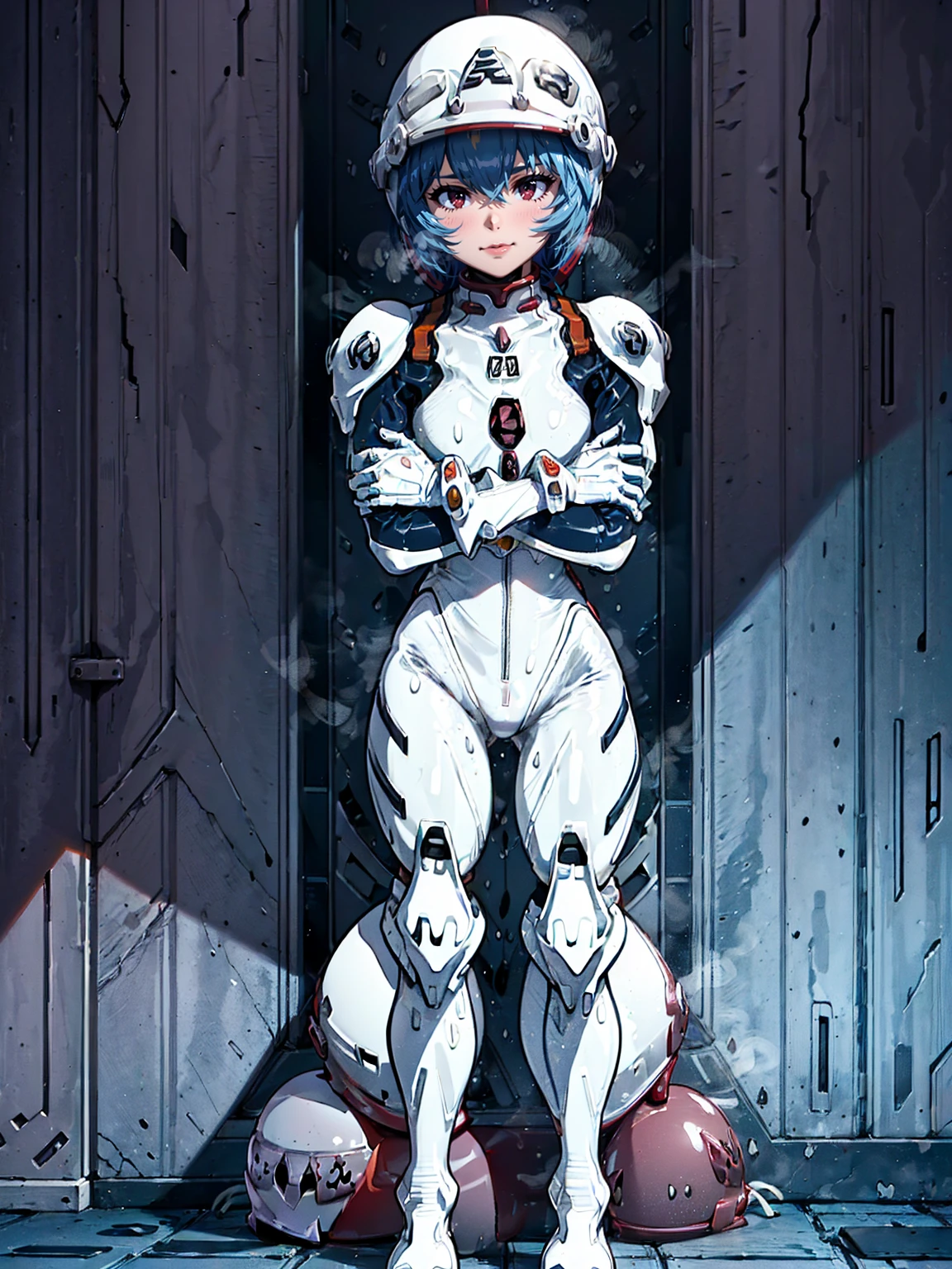 ((Highest quality, 8k wallpaper)),(masterpiece, Highest quality),Very detailed,High resolution,(Official Art:1.3),(((Anime screenshots,Black outline))),One girl,alone, Break mer1,(Rei Ayanami {Neon Genesis Evangelion,}1.2),masterpiece, best quality, outdoor, 1girl, Solo,red eyes,short hair,blue hair, (White plug suit:1.4), skin tight,(backlight, shaded face, cross-eyed, rolling eyes, empty eyes, jitome, raised eyebrows, one eye closed:1.3),(((Covered in sweat, Mass sweat, Sweating profusely,steam:1.7))), (((fighting stance, knees together feet apart, leaning forward, holding own arms, bent legs:1.4))),(((独奏, cowboy shot:1.6))),(((scuba helmet,full-face helmet:1.7))), 