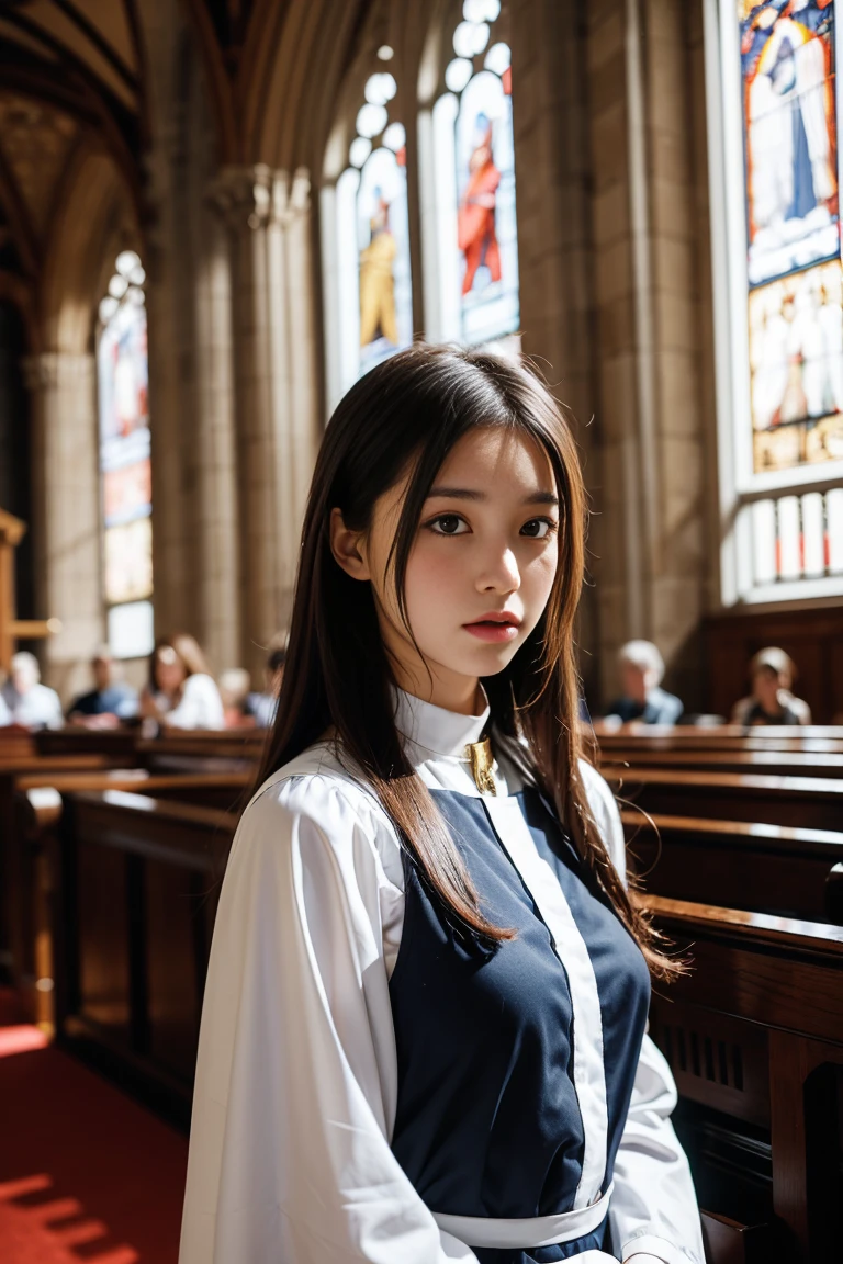 Girl in priest costume standing in church, Detailed face, Medieval, Fantasy