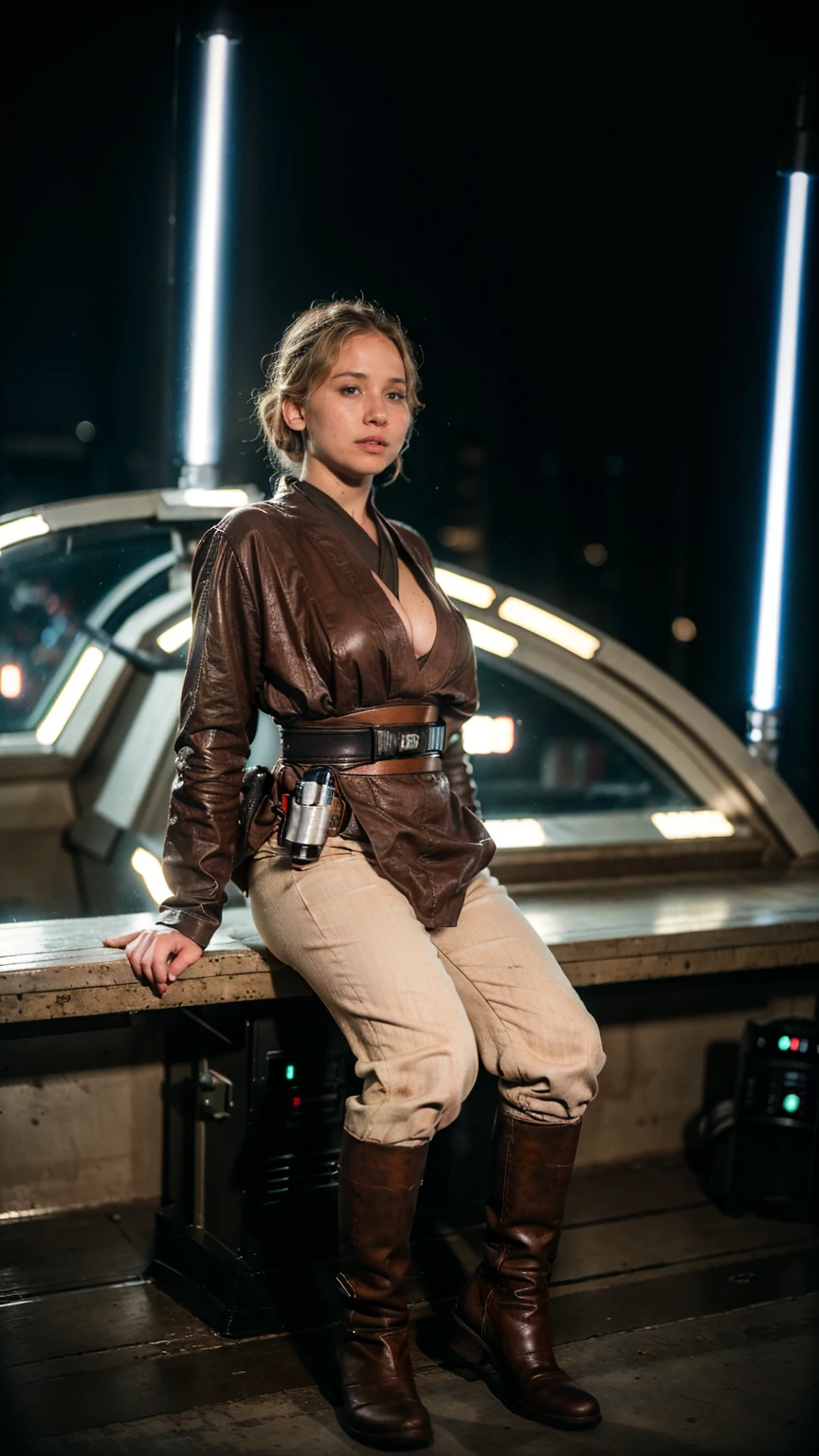 ((masterpiece), (solo character), (photorealistic:1.4), ),(best quality), (jennlaw), (epiCRealLife), (Jennifer Lawrence in jedioutfit), (Jennifer Lawrence big breasts), (Jennifer lawarence show cleavage), (lora:epiCFlashPhoto),(flashphoto), (flash photography),((Star Wars outdoor), (star wars desert),(Jennifer Lawrence wearing Jedi boots) (look at viewers), (at night), (night time),, (photoshoto), (Star wars theme), (sitting on star wars spaceship)