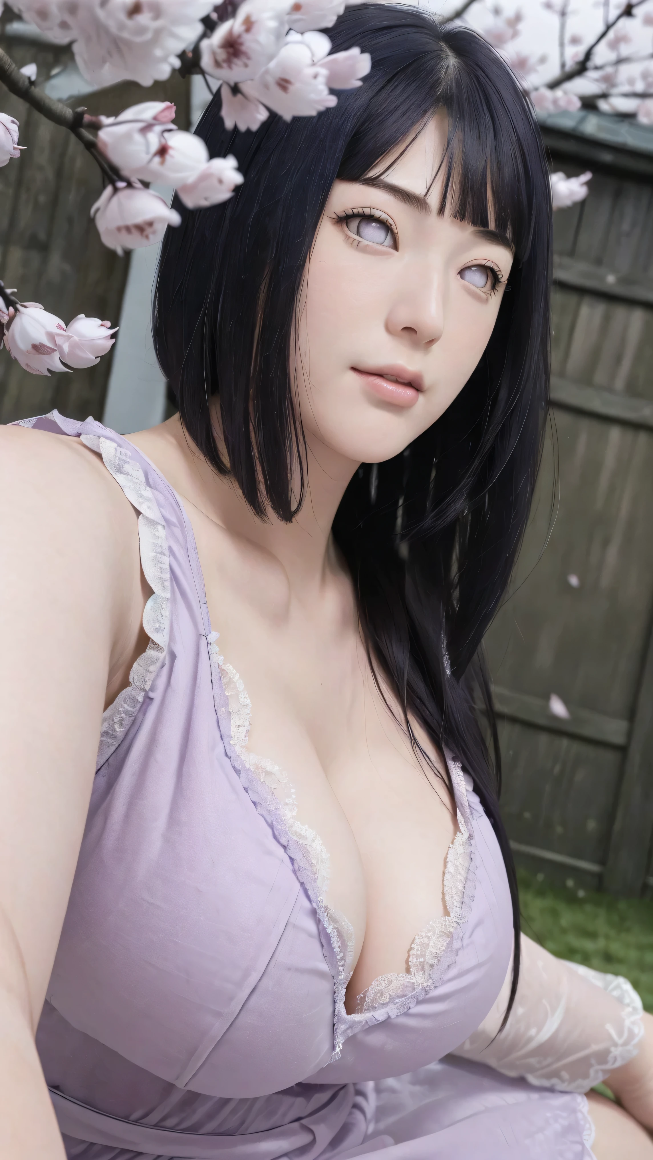 masterpiece, hinata\(boruto\), 1girl, mature women, (((light purple cotton lace nightgown))), (((Selfie))), (((Close-up photo))), (((Closed Clothing))), (((cleavage))), (((big breasts))), (((big round breasts))), (((round breasts))), (((extremely heavy breasts))), (((Colossal tits))), (((heavy breasts))), (((plump breasts))), (((perfect breasts))), (((Outdoor))), (((Cherry Blossom Background))), (shy face), detailed lips, beautiful face, blush, (pink lips), (((long hair))), white eyes, gentle gaze, smile, super realistic, detailed, realistic face and body, realistic hair, realistic eyes, realistic nose, realistic lips, seductive pose, (((straight bangs))), (dark blue hair), 28 year old girl