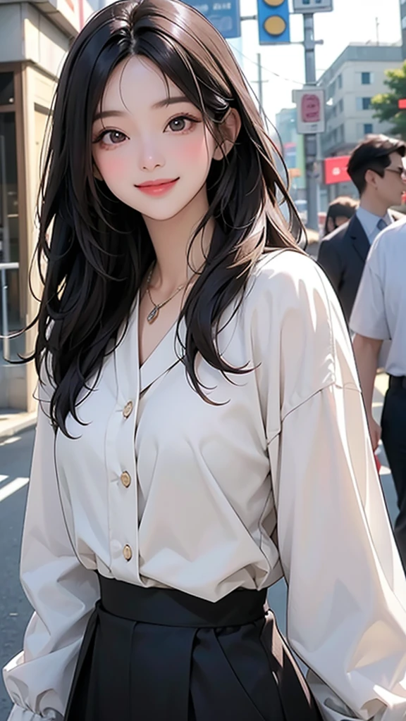 Woman in her 20s、Slim figure。(Upper Body) , With a smile, 彼女はjoyを表現した, 美しくてsmile, Laugh gently, かわいいsmile, 美しいWith a smile, Happy and cheerful expression, And she laughs,very happy,Friendly atmosphere,joy,Happy feeling,Her hair is brownish black in color.、Long hair with bangs。With big double eyes、((smile)),The outfit is feminine and suitable for a date.、Wearing a blouse and skirt。She wears a dainty necklace as an accessory.。The pose is of someone walking down the street。The background is the city during the day、The weather is fine。(masterpiece、Highest quality)、Best details ,
