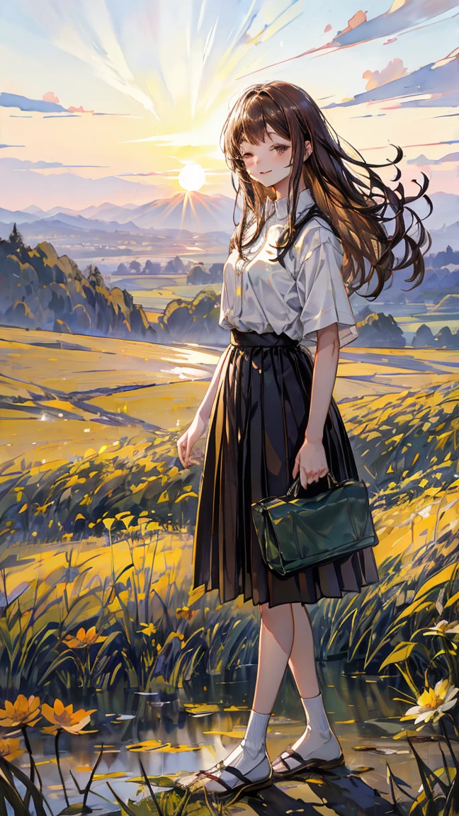 landscape,watercolor, flower, Standing in the distance,Long Hair, smile, shirt, uniform , bangs, whole body, plant, setting sun , leaf, Mouth closed, Traditional Media, Brown Hair，Sunset sky，Sunset
