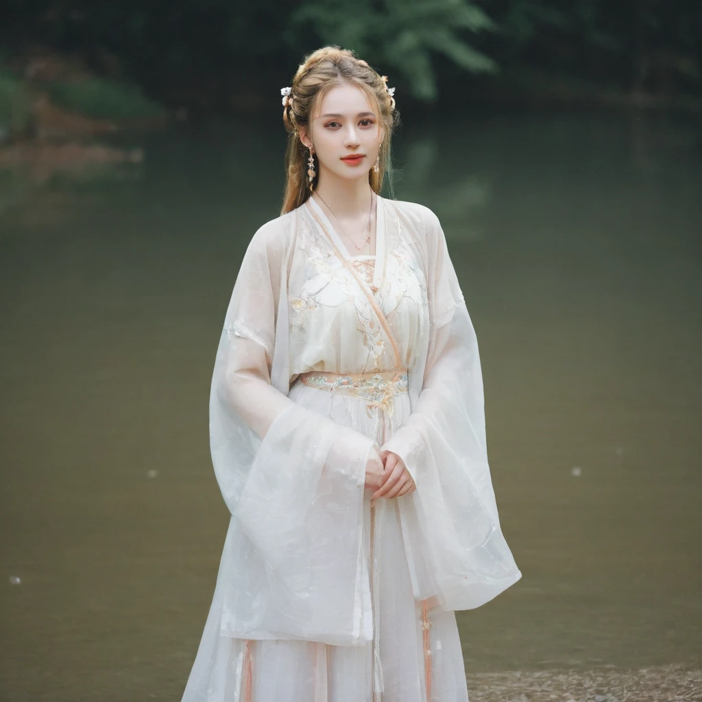 1girl, wet short transparent hanfu, light smile, Stunningly Beautiful girl, designer dress, posing for a picture, fashion show, dark red eyes, sandy blonde side-wet hair, long hair, long ringlets, catwalk aesthetic, details, film lighting effect, light-dark contrast, huge round breasts, pearl earrings, full body shot, light rainy,
