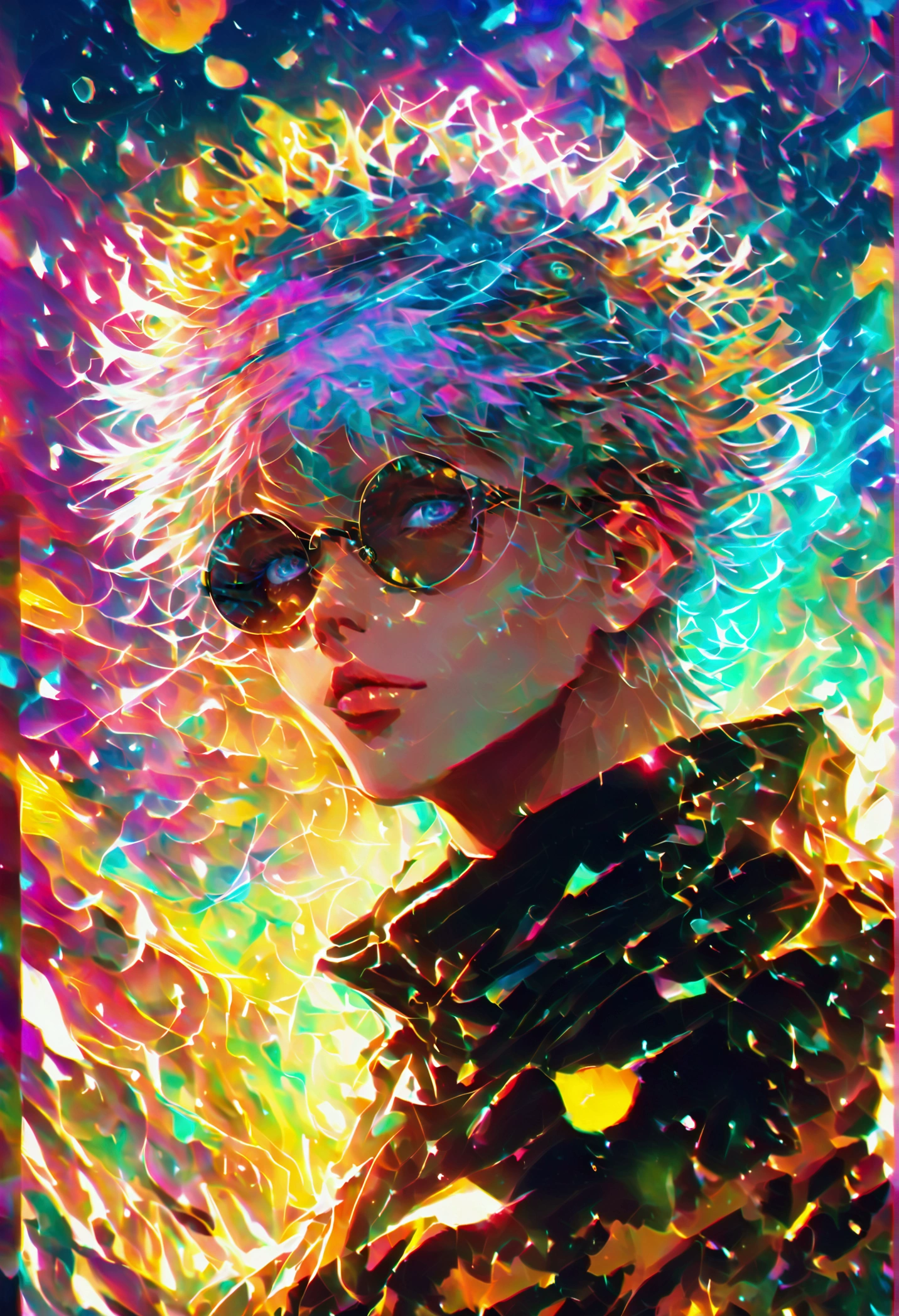 (1boy,gojou satoru,jujutsu kaisen),Black round lens sunglasses,artwork
