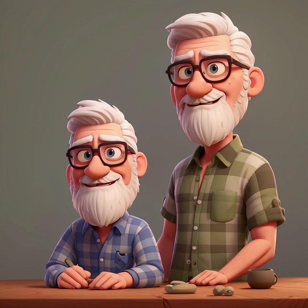 Cartoon character of a man white hair, white beard, black glasses, blue and red checkered shirt over olive green t-shirt,animated character, stylized character, 3d rendering, toon render screenshot, (best quality) (detailed skin ) (detailed texture) (8K) (clay) (cinematic lighting) (sharp focus,Sits and leaks the upper body