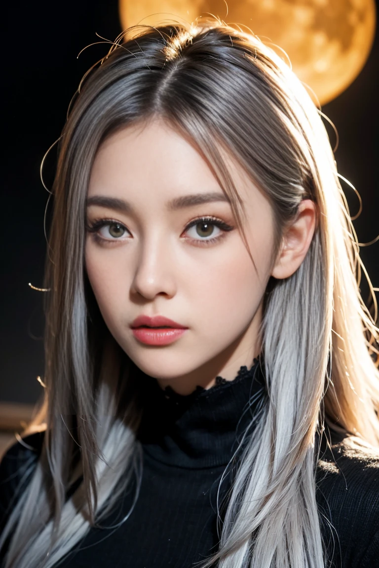 masterpiece, Awesome girl, Night moon Full moon, 1 female, Mature Woman, younger sister, Royal younger sister, Cold Face, Expressionless, A woman with long silvery white hair, Light pink lips, Calm, intellectual, Three-striped grey eyes, Assassin's Short Knife, Flower ball background, Hand Detail, Finger details, Facial details, Eye details,