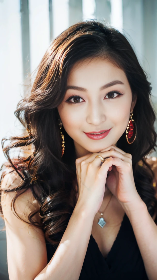 (Best image quality、Highest quality、Highest Resolution、masterpiece、detailed、Actual Photos)、Beautiful and sexy 20 year old、((Long curly hair of light brown color))、Laughter、((Beautiful makeup with very dark eyes))、Bright red lipstick、necklace、Larger earrings、ring、(Quite lean body)、((It's a full body shot))、Fashion colors are calm colors、(Quite small:1.3)、(Tiny lace bra and tiny lace panties)、Patterned blouse、mini skirt、High heels、Shoulder bag、(They are having a pleasant conversation standing in the lounge of a luxury hotel..)、((Skirt flip))