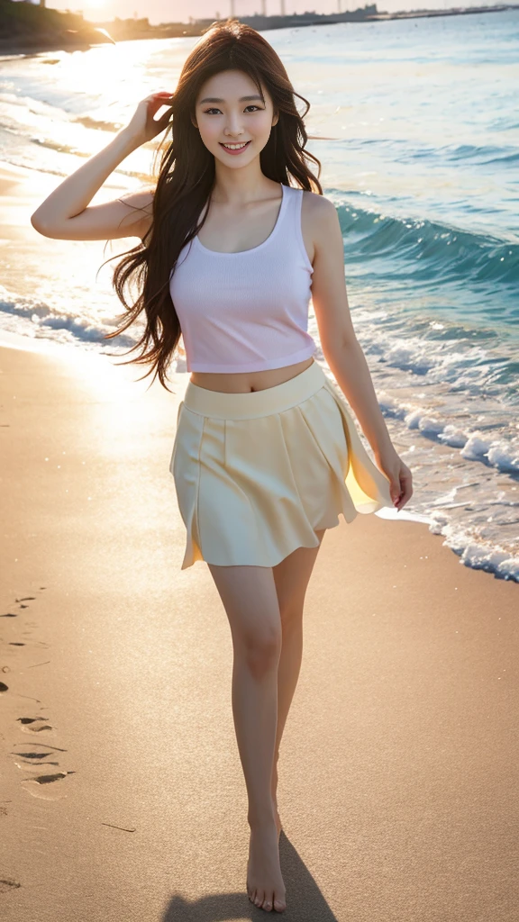 (8k, masterpiece, RAW photo, best quality:1.4), (photo realistic:1.2), professional photograph, well-defined contours, extremely beautiful face, detailed face, stunning face, (extremely beautiful Japanese actress dressed in sleeveless shirt with skirt, walking along the beach with happy smile, while flowing hair), (ideal body proportions, full body:1.1), 1 lady, 24 years old, model posing, emphasized beautiful bodyline, elegant vibe, enchanting smile, soothing expression, optimal lighting and angle, background with seamless integration of sunlight, splashes, gentle waves