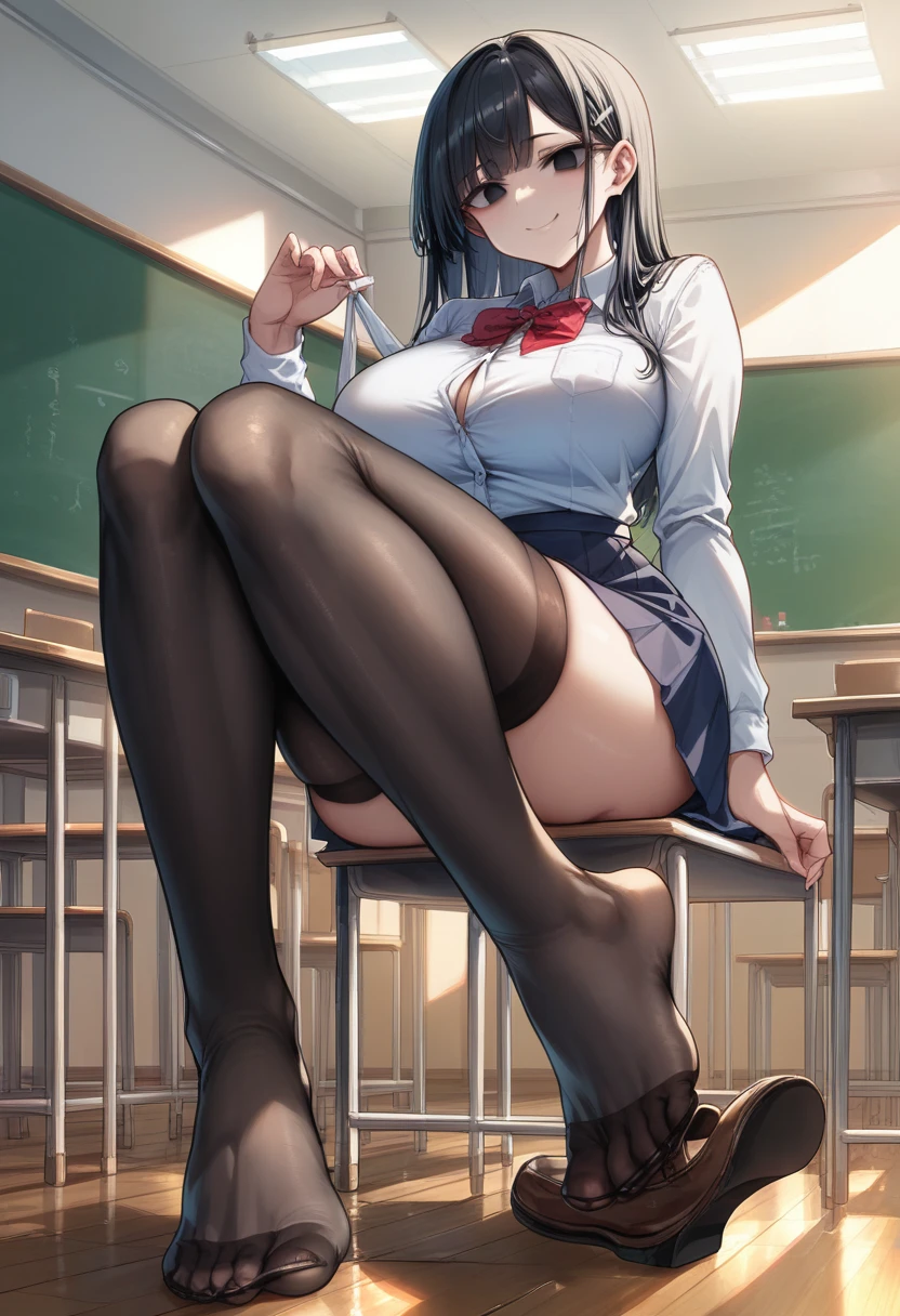 artwork, high attention to detail, well-shaped face, A girl, black eyes empty stare, with a mischievous smile, neck-length black hair, big breasts, With , sitting on a wooden chair, in front of a desk, classroom background, black stockings, taking off steam, shoes on the floor, Feet with stockings. in the stockings, a lump, A girl dentro del calcetín, shrinking woman, girl inside black sock, her breasts protrude from the fabric of the sock, whole body, focus on feet, protruding feet, in the sock, View from below