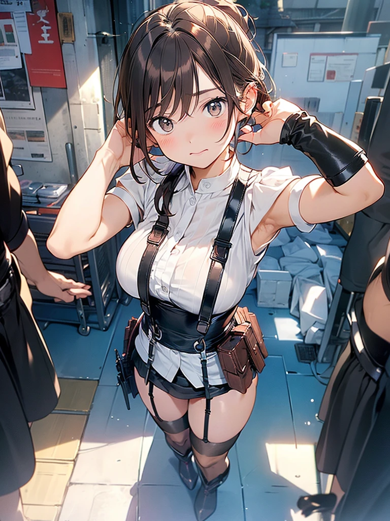 Brown hair、watching at viewers　　　black suspenders　　　Bulging big breasts　　 　 　　　walls: 　Black miniskirt　garters　　　　　　Gaze　　　Small face　bangss 　　　holster　　　Beautuful Women　　hands up　　レッグholster ベッドに横たわる　　Gaze 　black boots panty shot　provocation　flank　flank汗　soio 　arm