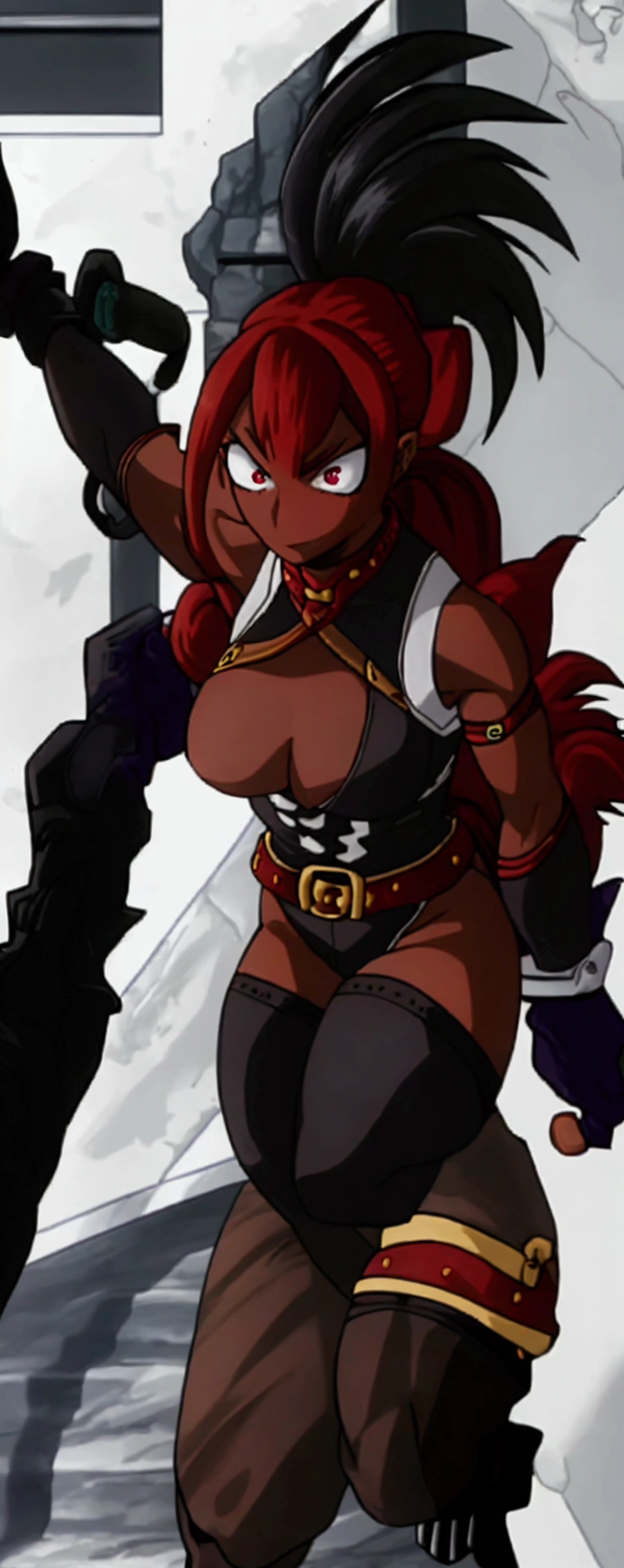 Dark-skinned woman With eyeliner with red eyes, fairly long black hair with a ponytail, strong body and somewhat large thighs and chest, wearing a black and gray hero costume Sleeveless, up to the neck with black stockings with Black with gray, brown gloves and a belt, along with two dark red wings on its back