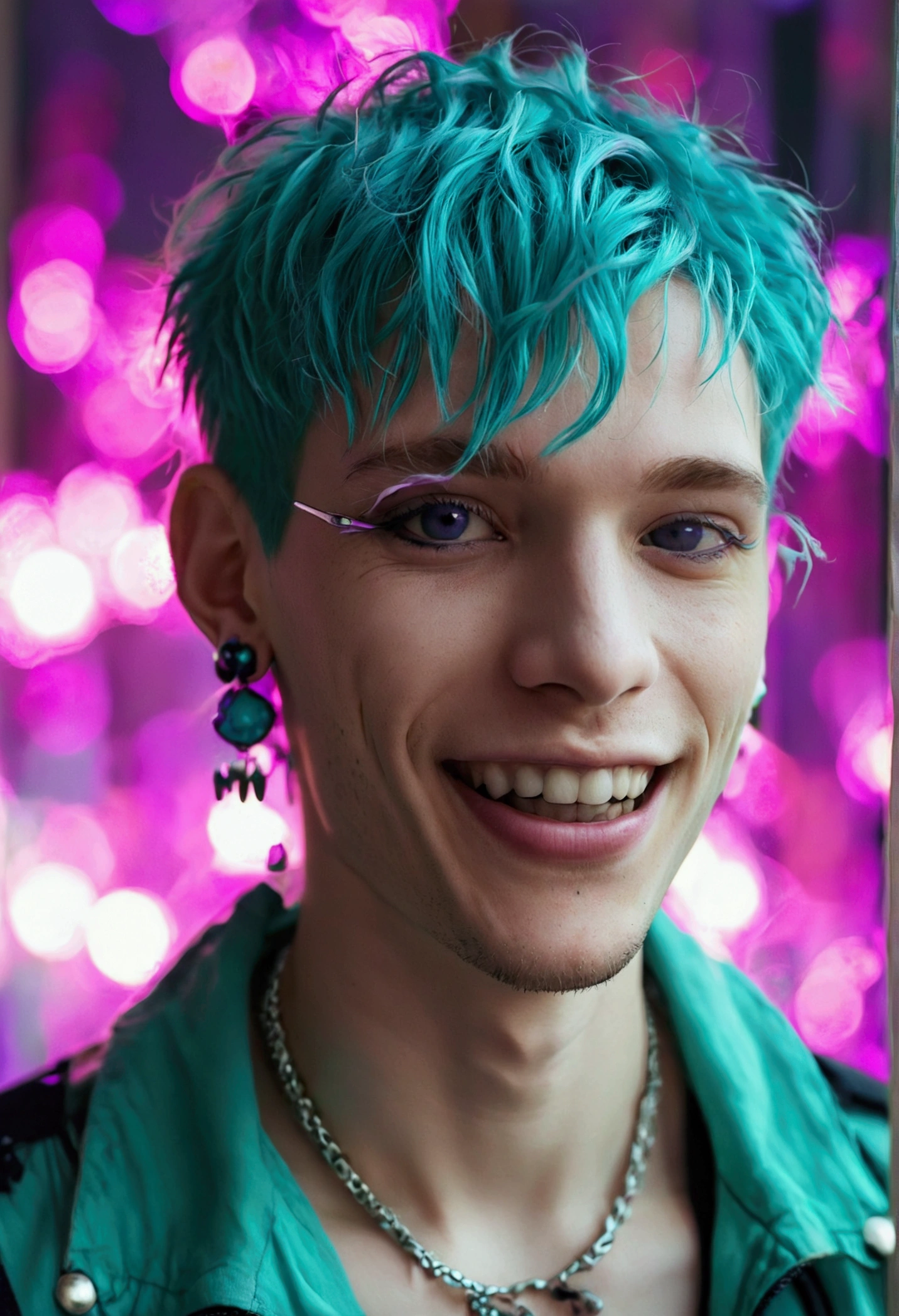 short turquoise hair, skinny man, pastel goth, earrings, pale skin, purple eyes, laughing