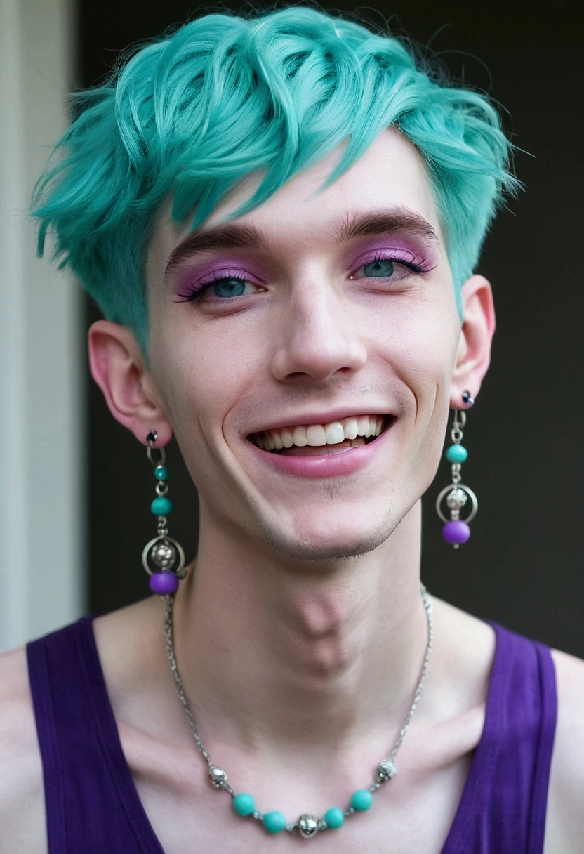 short turquoise hair, skinny man, pastel goth, earrings, pale skin, purple eyes, laughing