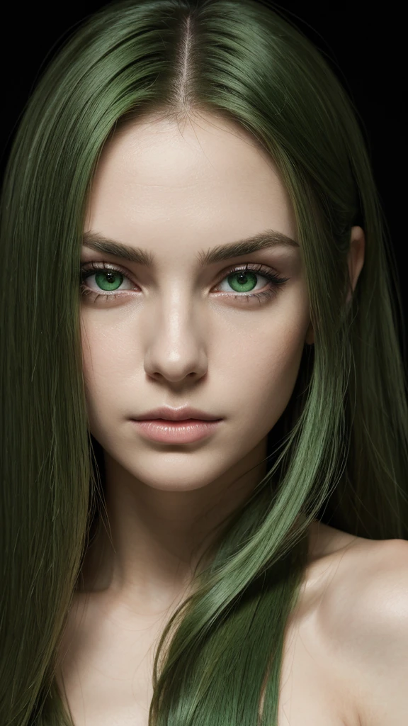 Portrait of a woman, European, attractive face, oval face, seductive eyes, slightly sad expression, long straight hair, frontal, gently arched eyebrows, pale skin, symmetrical, green eyes, green hair color