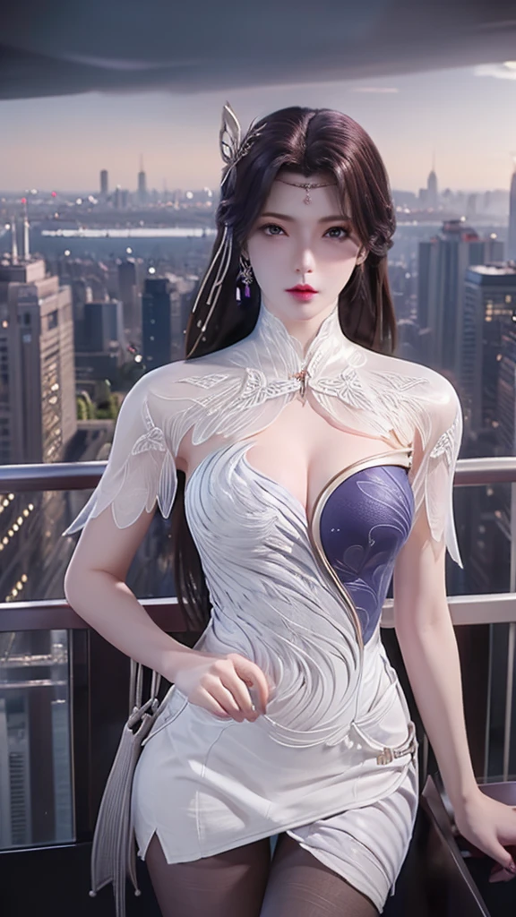 ((Best quality, 8k, Masterpiece :1.3)), Whole body, Sharp focus :1.2, A pretty woman with perfect figure :1.4, Slender abs :1.2, ((Dark brown hair, Big breasts :1.2)), body dress :1.1, (Night city view, Modern balcony :1.1), Highly detailed face and skin texture, Detailed eyes, Double eyelid, Small Bust, OL Uniform, Office Wear, white T-shirt, exposed cleavage, (Black Pantyhose), (No Panties), Interior Scene, Office