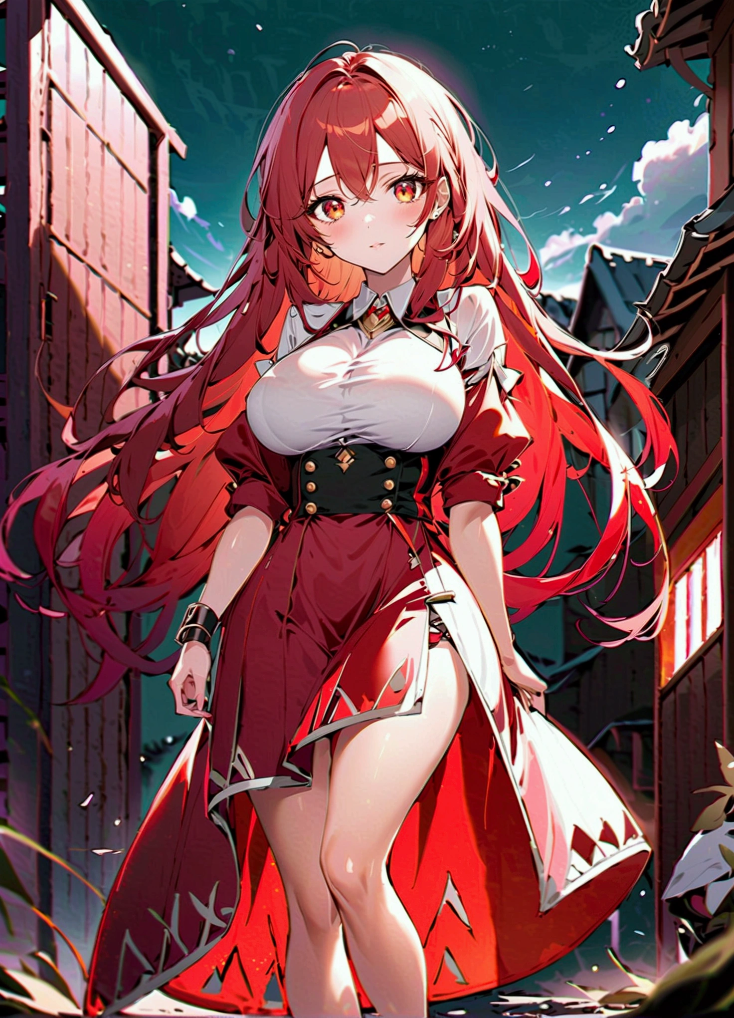 long hair, red hair, red and gold eyes, large breasts, slim, {{{no background, without background}}}, {{{blank background}}}