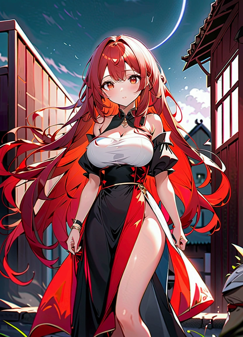 long hair, red hair, red and gold eyes, large breasts, slim, {{{no background, without background}}}, {{{blank background}}}