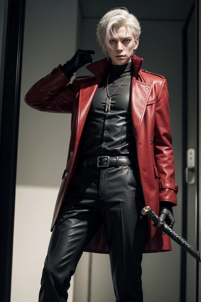 create me a tall man character , short white hair , wearing a red necklace around her neck , with a black shirt underneath a red overcoat , wearing black gloves , black pants and black cowboy boots , with a sword in the back , in anime style