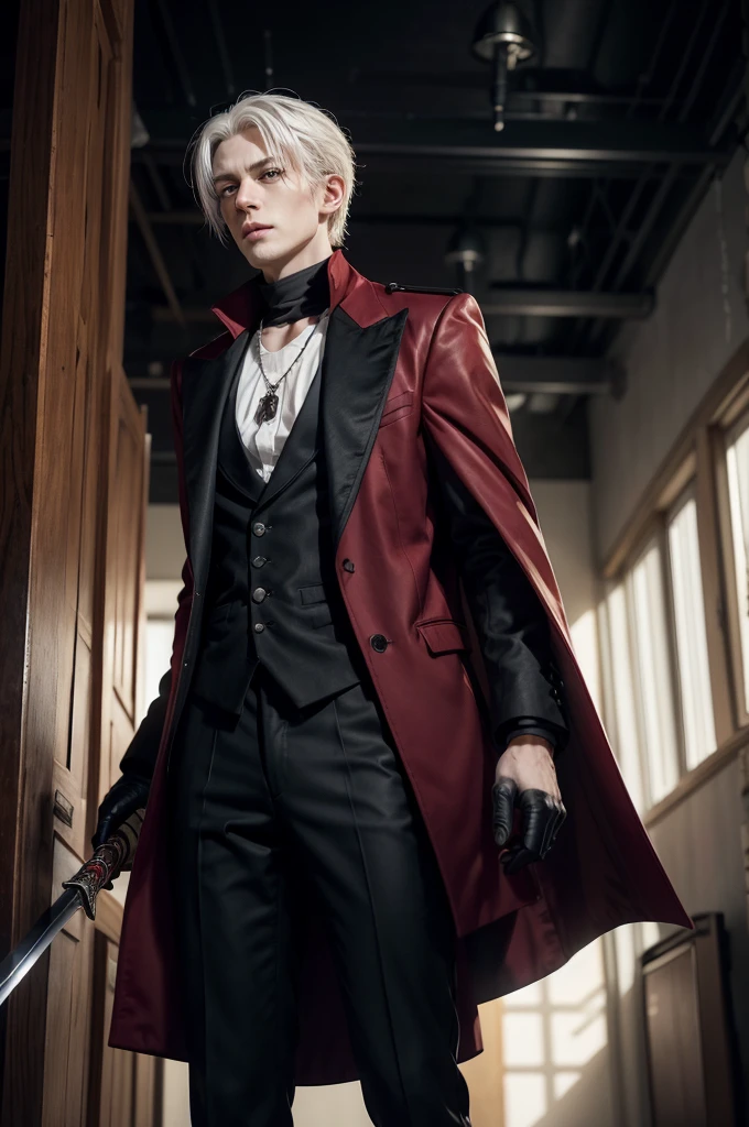 create me a tall man character , short white hair , wearing a red necklace around her neck , with a black shirt underneath a red overcoat , wearing black gloves , black pants and black cowboy boots , with a sword in the back , in anime style