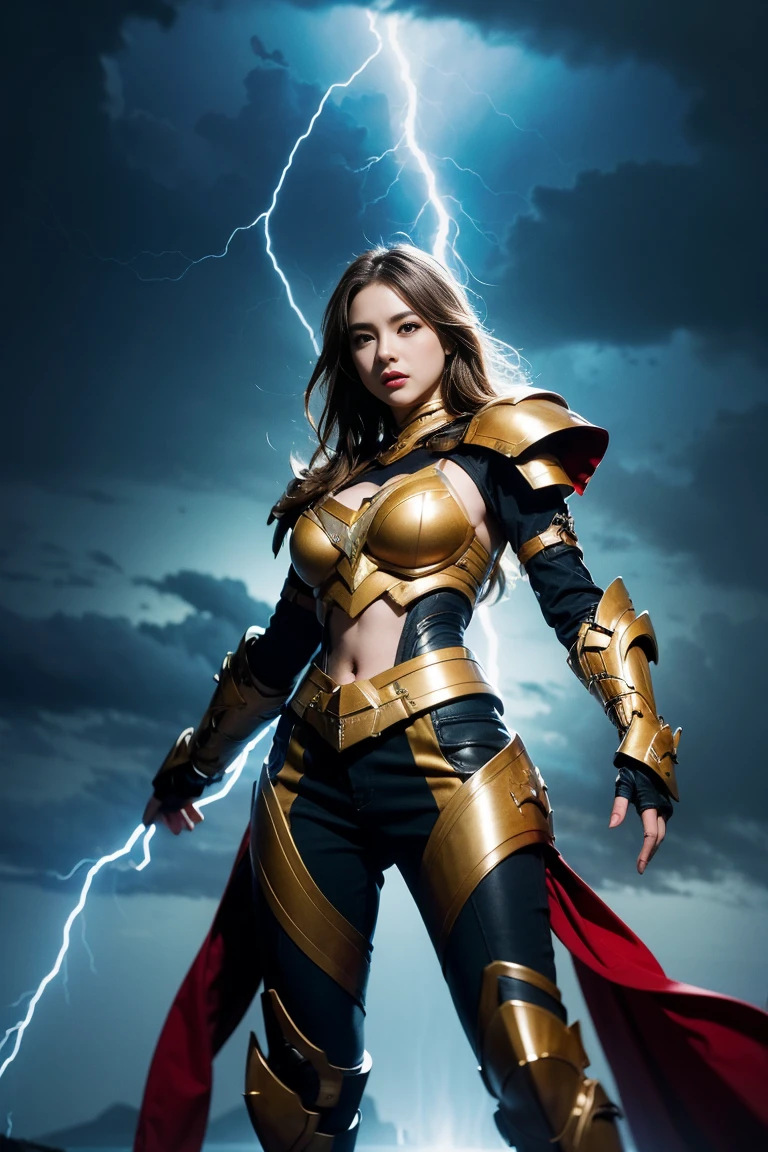 4K, masterpiece, High resolution, Absurd,, edg thunderstruck, a woman with a blue and gold armor ,wearing edg thunderstruck_armor, electrified, Controlling Lightning,  