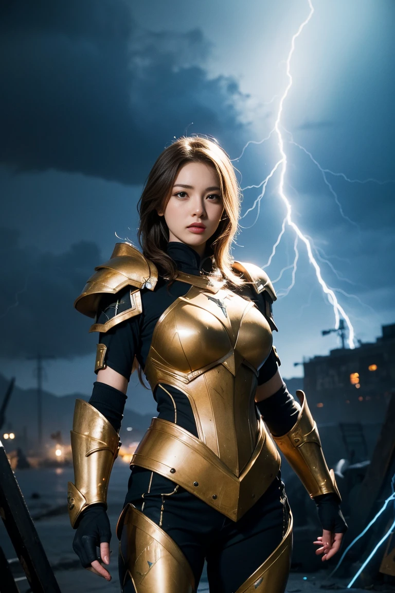 4K, masterpiece, High resolution, Absurd,, edg thunderstruck, a woman with a blue and gold armor ,wearing edg thunderstruck_armor, electrified, Controlling Lightning,  