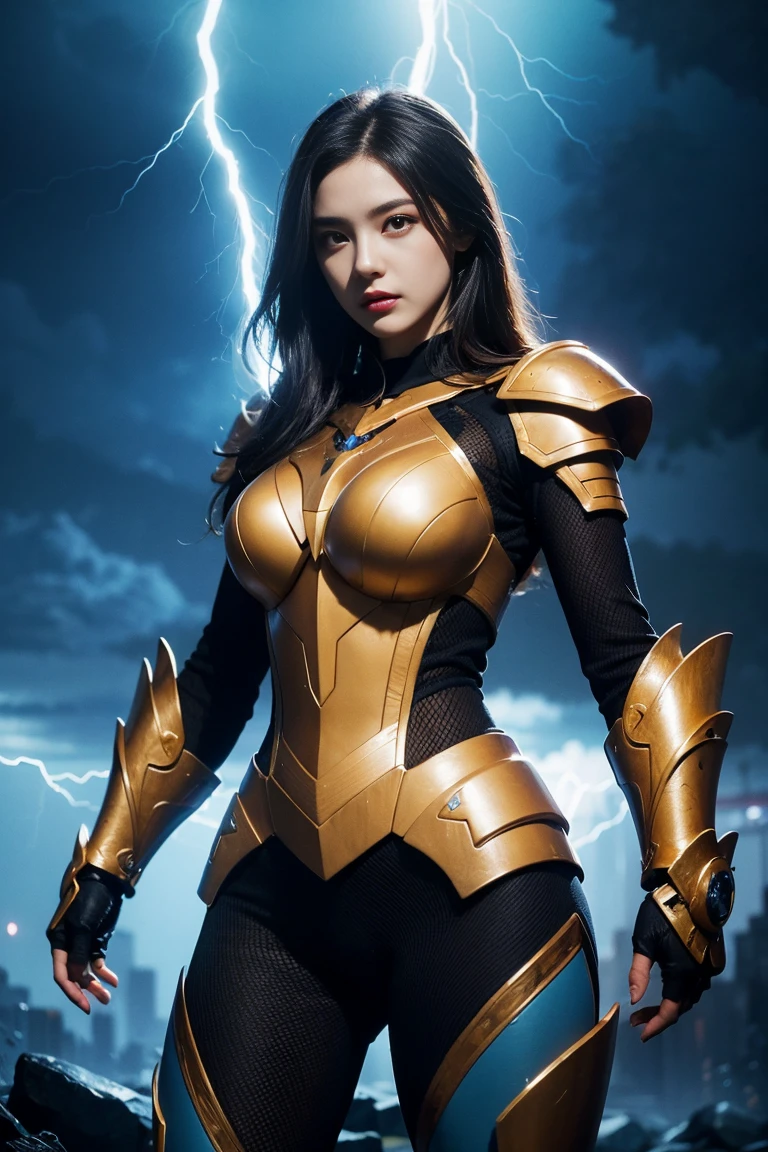 4K, masterpiece, High resolution, Absurd,, edg thunderstruck, a woman with a blue and gold armor ,wearing edg thunderstruck_armor, electrified, Controlling Lightning,