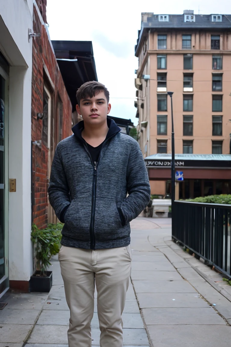 Realistic photo of solo handsome teenage men standing in front of hotel garden