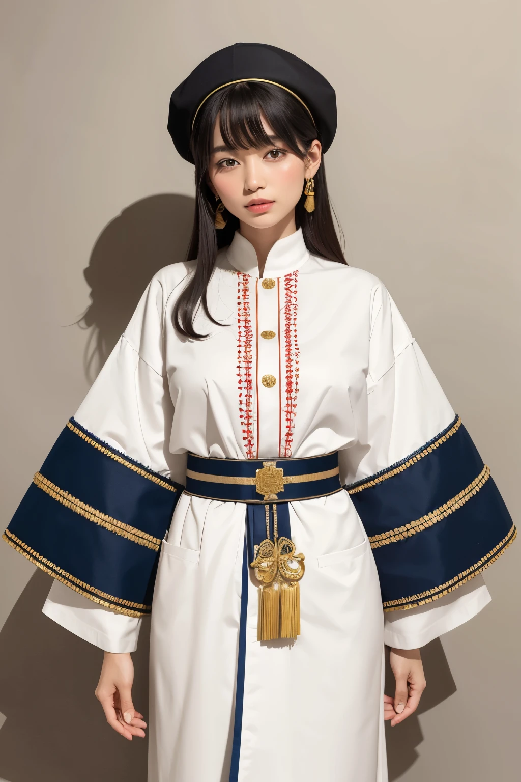 a big fabric:
material: Usually made from natural fabrics such as cotton, silk or linen, which are light and comfortable.
production: Fabrics are often handwoven, using traditional techniques that have been passed down from generation to generation.
Design:
colors: Kabe is known for its vibrant and varied colors, often inspired by the colors of Okaru's nature, like the blue of the sky, the green of the forests, the golden of gold, and the red of local flowers.
standards: The embroidered patterns on Kabe are complex and meaningful, including peace symbols, prosperity, and elements of Okaru mythology. These embroideries are made with metallic or silk threads., creating a stunning visual contrast.
Ornaments:
embroideries: The edges of the Kabe are often decorated with detailed embroidery representing local stories or legends..
applique: Precious and semi-precious stones are sometimes incorporated into Kabe, especially in ceremonial attire, reflecting the country's mineral wealth.
fringes: Some versions of the Kabe have fringes on the sleeves and hem, that sway gracefully with the movement.
Accessories:
waist belt: A wide belt, called Rema, is used to adjust the Kabe to the waist. The Rema can be simple or richly decorated, depending on the occasion.
Hat: On formal occasions, a hat called Kima is worn. The Kima is made from natural materials and adorned with small embellishments and embroidery.
embroideries: The edges of the Kabe are often decorated with detailed embroidery representing local stories or legends..
applique: Precious and semi-precious stones are sometimes incorporated into Kabe, especially in ceremonial attire, reflecting the country's mineral wealth.
fringes: Some versions of the Kabe have fringes on the sleeves and hem, that sway gracefully with the movements, with wide men's pants