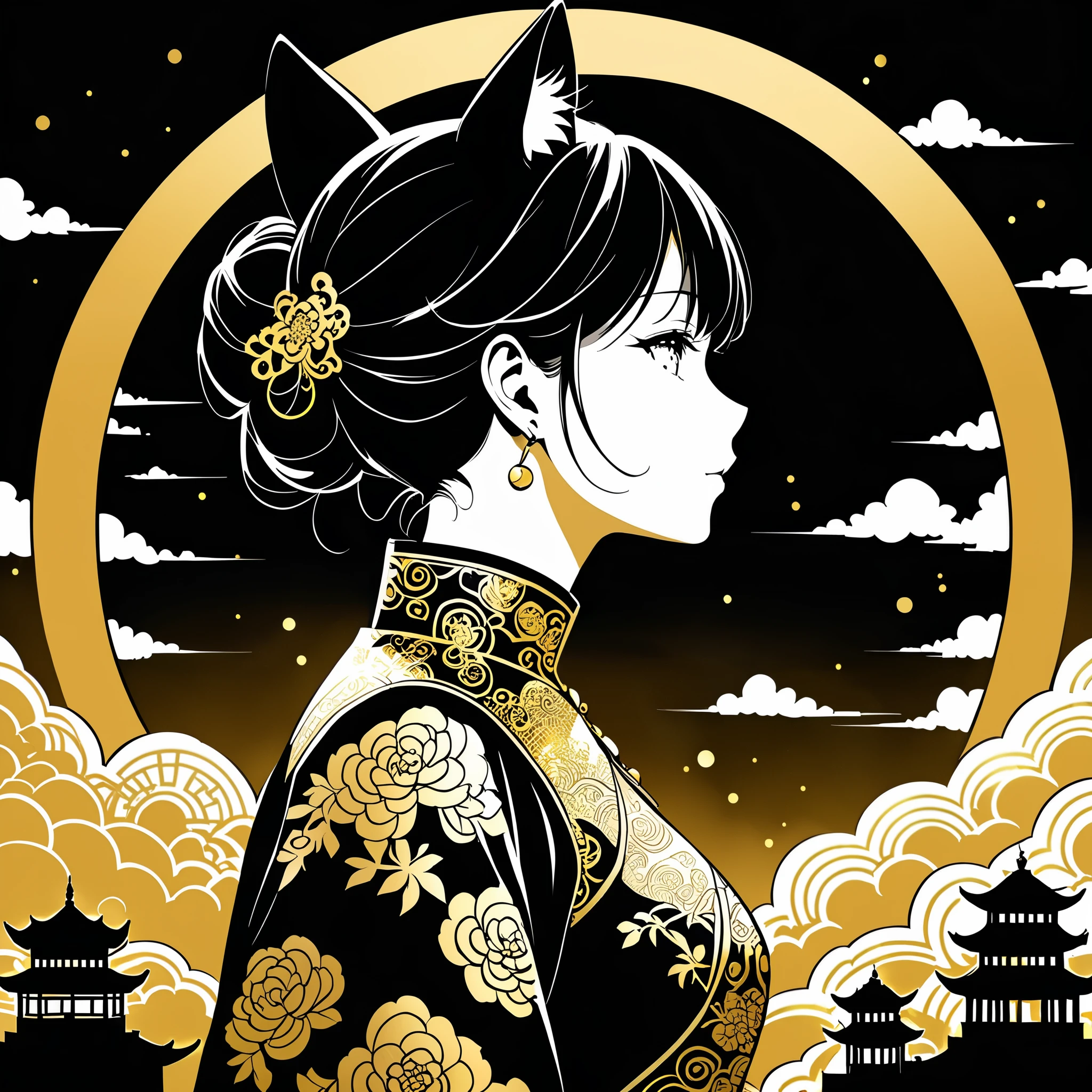 Black on gold color，Anime silhouette style，1 Girl，Cat ear，Gorgeous black and gold embroidered dress，Glittering gold，There are some black building silhouettes on the golden circular background，Auspicious Clouds，Chinese，monochrome，Profile，90 degree tilt of neck，Face up，Oblique composition