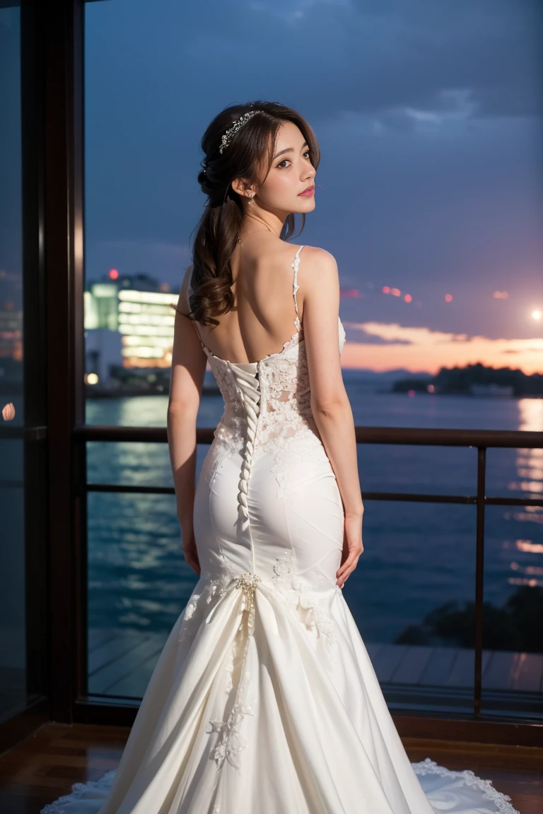 (Highest quality, High resolution, masterpiece:1.2,), figure, night, One girl, whole body, (Wedding dress), Put your arms behind your back, Wait for a kiss, View your viewers, Happy, blush,