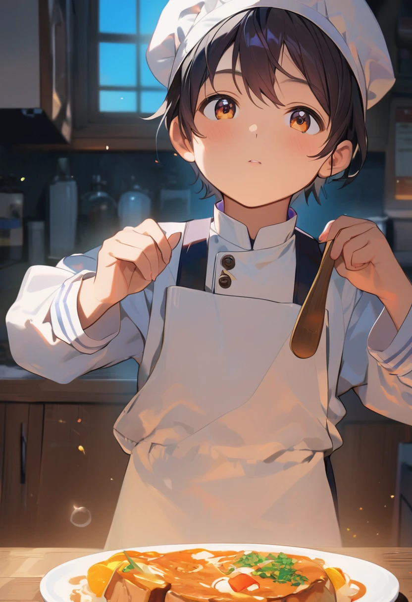 Portrait of a 3-year-old boy in a white chef's uniform, Chef's hat, Half Body, Looking at the audience, smile, Chibi Style, Kitchen view, Blurred Background, Depth of written boundary, detailed, comics, A painting by designer Alex Ross, Unreal Engine, 8K