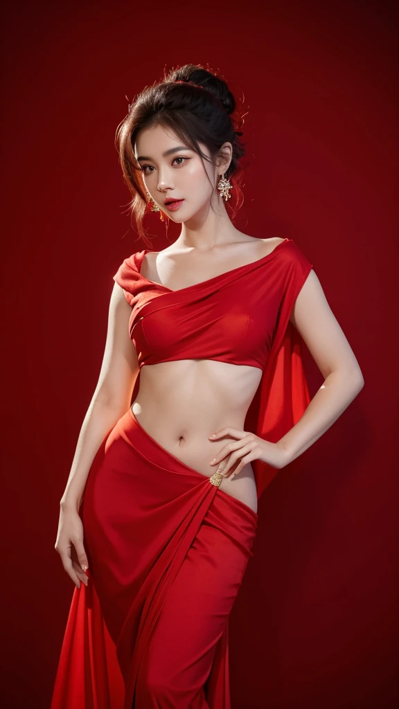 araffe woman in a red sari posing for a picture, in red background, glowing red, glamour pose, red hot, red and cinematic lighting, very seductive pose, by Natasha Tan, red clothes, by Emma Andijewska, stunning elegant pose, wearing red, sensuous, gold and red, wearing a red outfit, all red, glamorous pose,  500R, photorealistic, ultra high quality, Ultra-detailed face, fujifilm, kodak, nikon, canon
