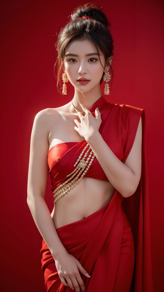araffe woman in a red sari posing for a picture, in red background, glowing red, glamour pose, red hot, red and cinematic lighting, very seductive pose, by Natasha Tan, red clothes, by Emma Andijewska, stunning elegant pose, wearing red, sensuous, gold and red, wearing a red outfit, all red, glamorous pose, 500R, photorealistic, ultra high quality, Ultra-detailed face, fujifilm, kodak, nikon, canon