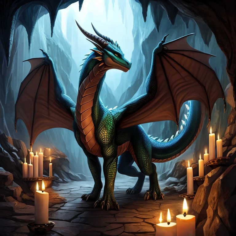 Masterpiece, high quality,  extremely talented painting of solo female (green feral dragon), [natural lighting], (masterpiece), claws, toe claws, digitigrade, looking at viewer, (detailed background), detailed scales, (detailed sharp snout, detailed eyes), hindpaws, Brown horns, (has huge wings), (seductive, cocky, looking at viewer), (in a huge cave, candles lights, detailed background, gorgeous gracious feral dragon, ceiling lights, standing, jewelry on his neck, (intelligent looking)