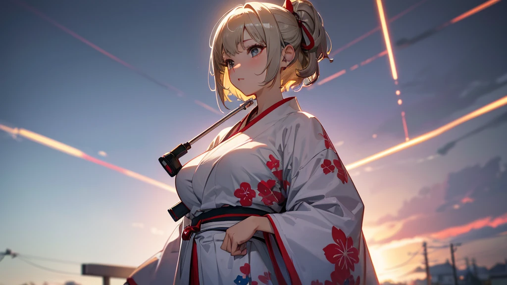 headphoneをつけて笑顔、Red cheeks、Official Art, masterpiece, Highest quality,1Portrait photo of a girl、, JK , Rainbow bikini with yukata、(silver, metallic, ) 8K, Blonde,short hair, High resolution, ( Butt:1.2)(headphone:1.2),(Excellent rendering, Stand out in the same class), (Amazing details, Excellent lighting, Wide-angle), Big Breasts(0.6), Absolute area, Detailed Background、