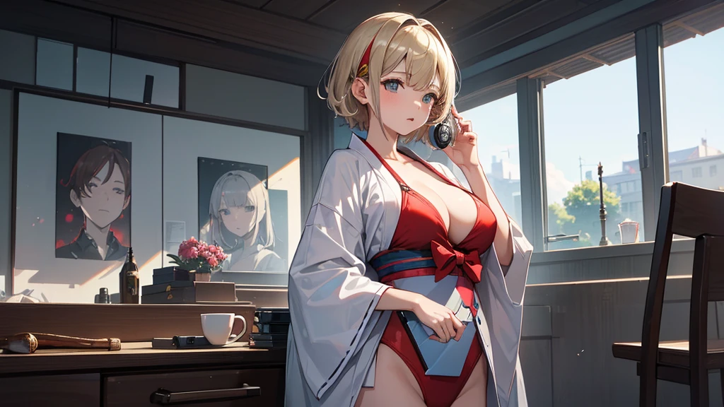 headphoneをつけて笑顔、Red cheeks、Official Art, masterpiece, Highest quality,1Portrait photo of a girl、, JK , Rainbow bikini with yukata、(silver, metallic, ) 8K, Blonde,short hair, High resolution, ( Butt:1.2)(headphone:1.2),(Excellent rendering, Stand out in the same class), (Amazing details, Excellent lighting, Wide-angle), Big Breasts(0.6), Absolute area, Detailed Background、