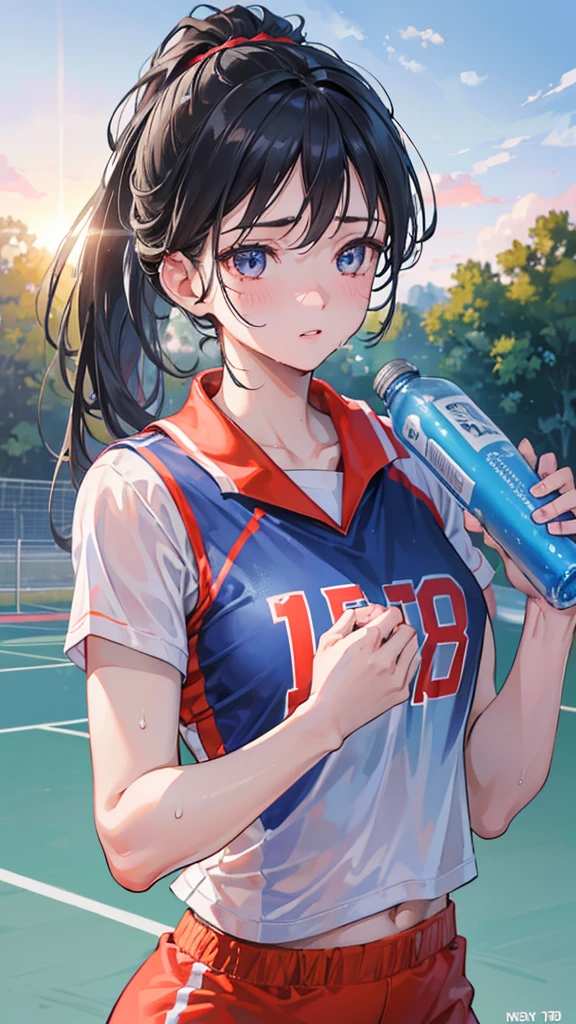 A female track and field athlete, 18 years old, drinking water from a water bottle, wearing a sports uniform, with black hair in a ponytail, red eyes, sweating, on a school sports field, bright sunlight, clear blue sky, summer, (best quality,4k,8k,highres,masterpiece:1.2),ultra-detailed,(realistic,photorealistic,photo-realistic:1.37),extremely detailed eyes and face,beautiful detailed eyes,beautiful detailed lips,longeyelashes,highly detailed athletic uniform,sweat glistening on skin,dynamic pose,sun flare,vibrant colors,cinematic lighting