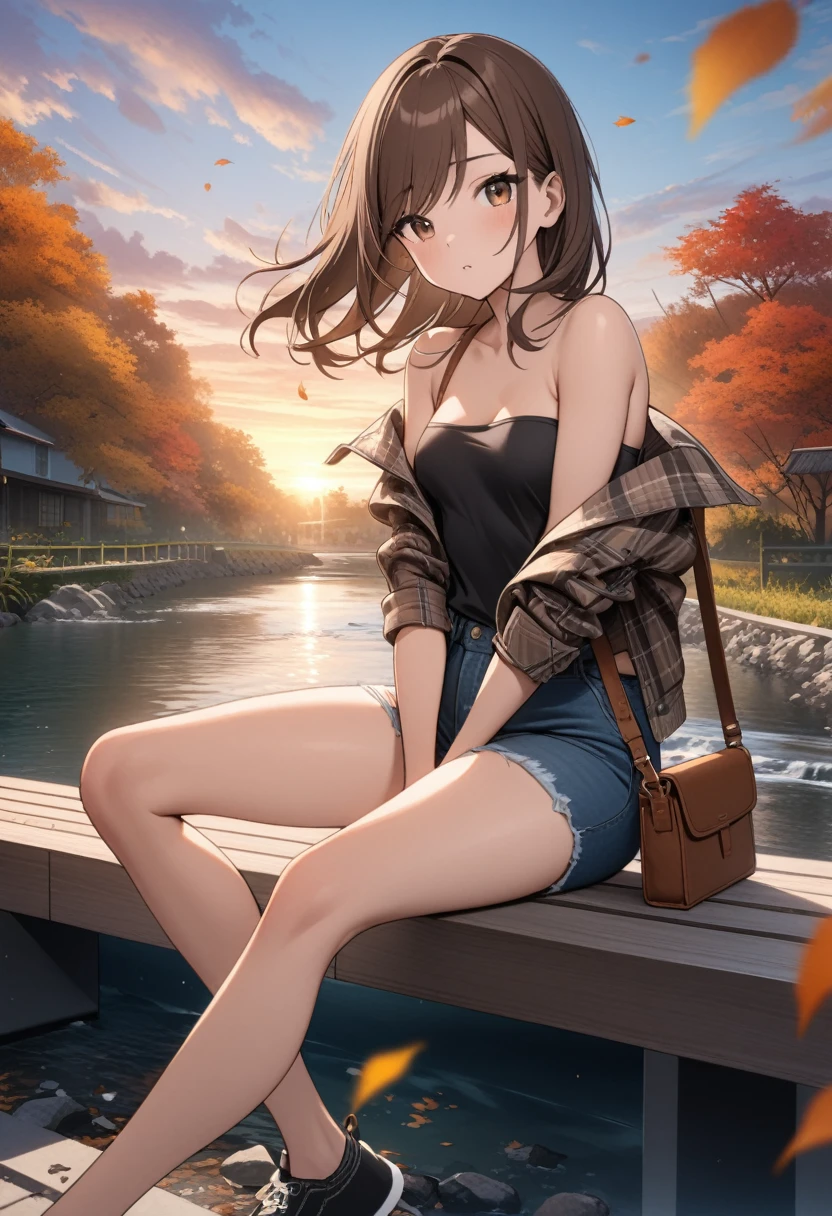 Best quality, masterpiece, young woman sitting on bench and throwing rocks at water, with very long brown hair swept bangs and brown eyes, strapless black shirt, off shoulder flannel jacket, rolled up jeans, satchel, small breasts, thin, toned arms, creek, outdoors, autumn, sunrise, tropical, clouds,teal buildings, white steps, fence, road, people in background, falling leaves,