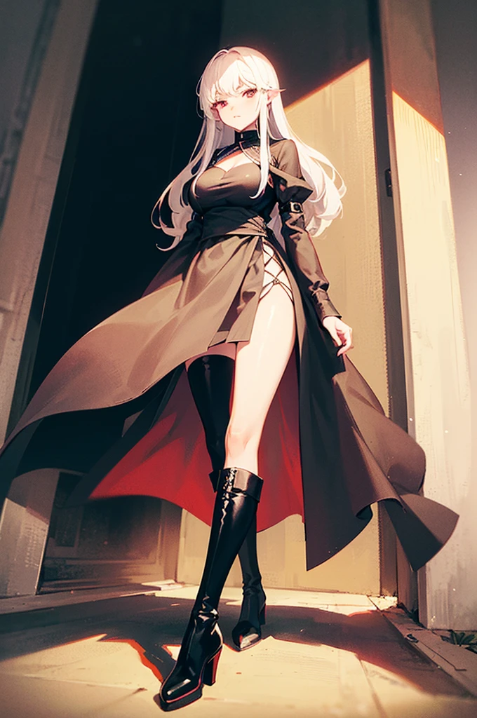 Girl, 20 years old, with long white hair down to below her waist, a serious yet tender expression, and red eyes. Her hair features black streaks. She wears antique-style clothing, a long black dress with a slit on the legs, and high black boots that almost reach her knees. Her power and background are related to shadows and darkness. 