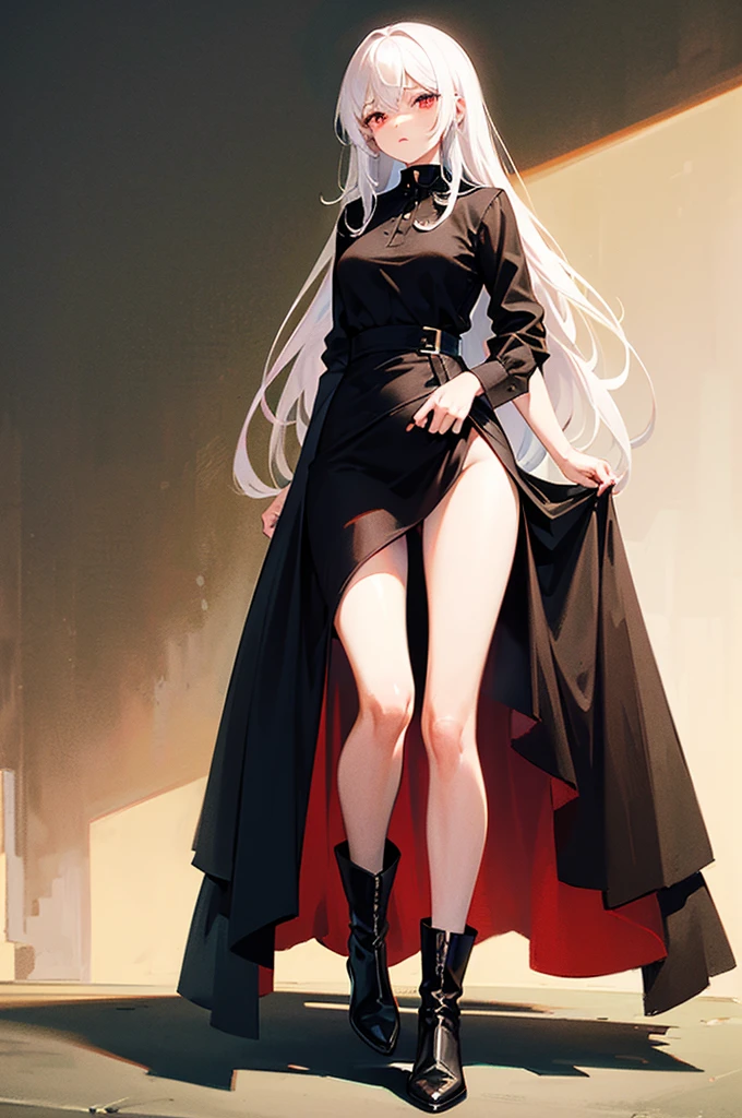 Girl, 20 years old, with long white hair down to below her waist, a serious yet tender expression, and red eyes. Her hair features black streaks. She wears antique-style clothing, a long black dress with a slit on the legs, and high black boots that almost reach her knees. Her power and background are related to shadows and darkness. 