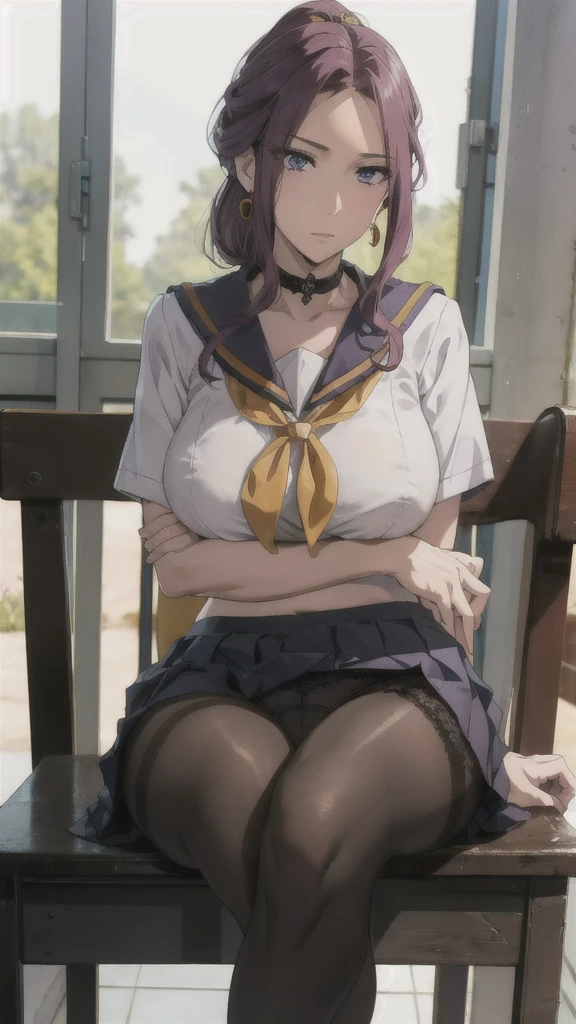 ((Correct Anatomy)),(Female ),((school uniform)),((Sailor suit)),((Lace panties)),(Mini Pleated Skirt),(((Black Pantyhose))),Ultra-high resolution,Mature Woman, Mature Woman, Very detailed,Sunburned skin,Brown Skin,((Beautiful feet)),(Big Breasts),((Beautiful legs)),Perfect hands, Detailed fingers, Beautiful details, ((Long Hair)),((ponytail)),Black Choker, Earrings,loafers,Embarrassing,Perfect Eyes, Captivating eyes